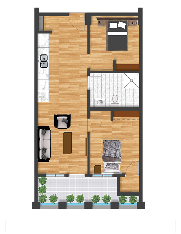 Floor plan for 2 beds, 1 bath, 855 sqft